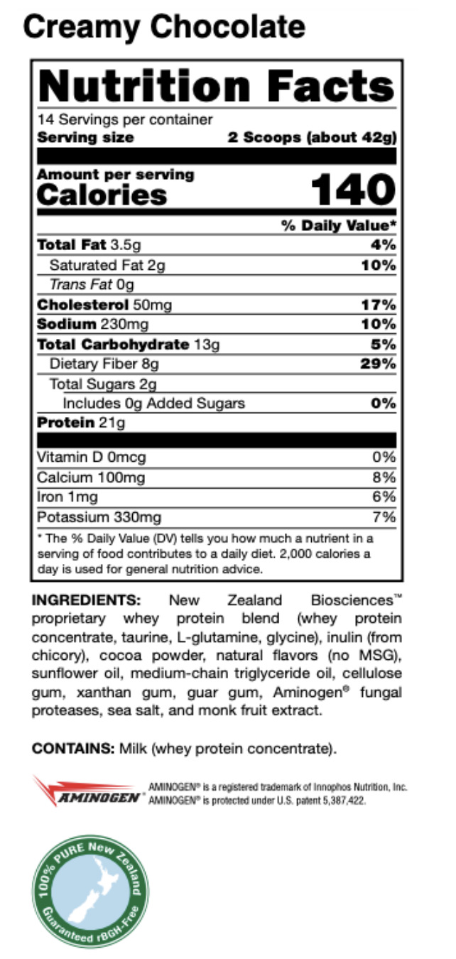 Supplement facts for Sero-Lean Meal Whey Chocolate