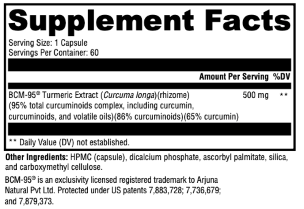 Supplement facts for Sero-Curcumin